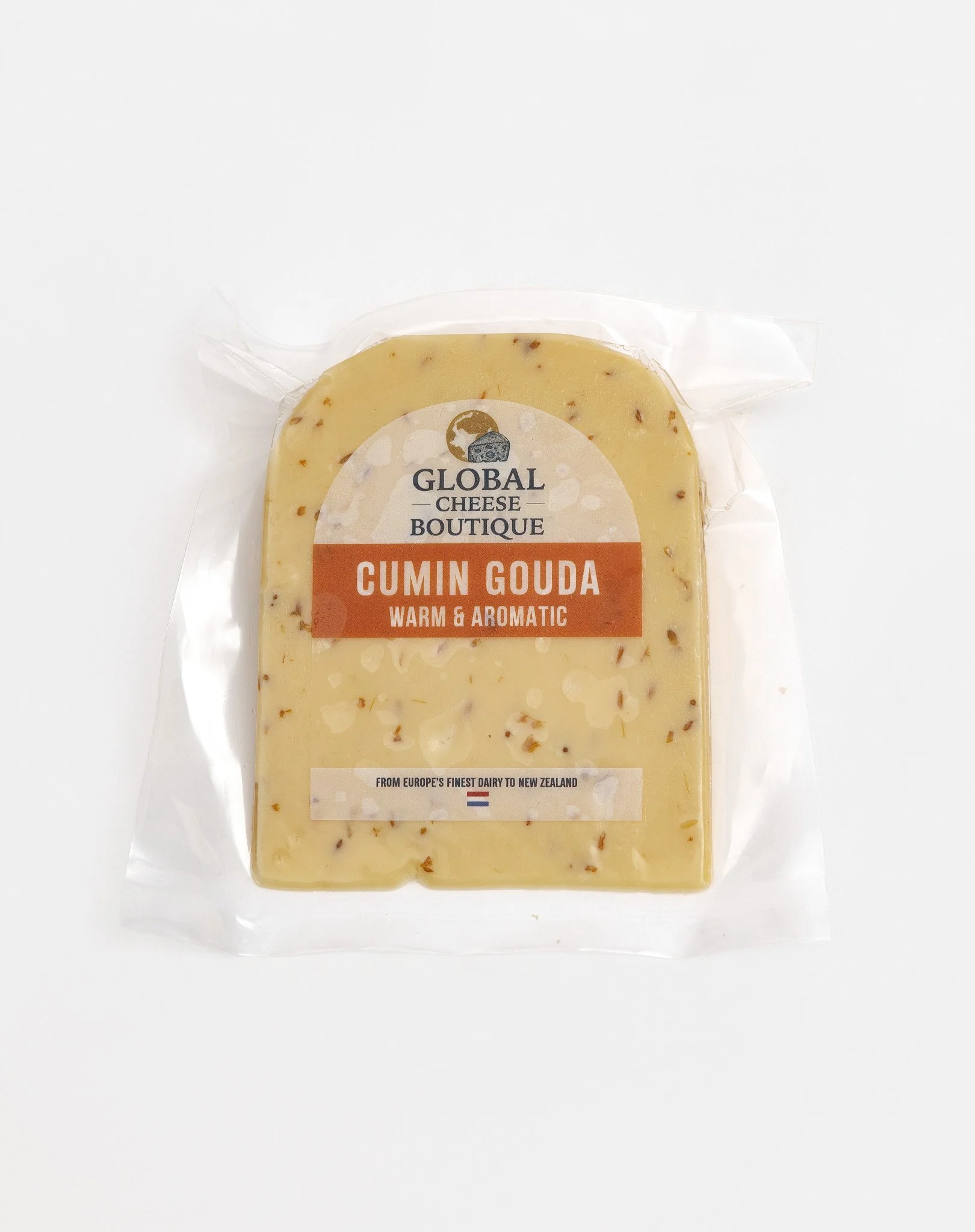 Cumin Gouda 170 g, front of sealed pack on a light background
