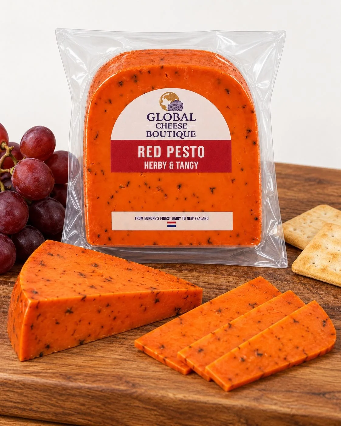 Red Pesto Gouda pack with a wedge and slices on a wooden board, styled with grapes and crackers