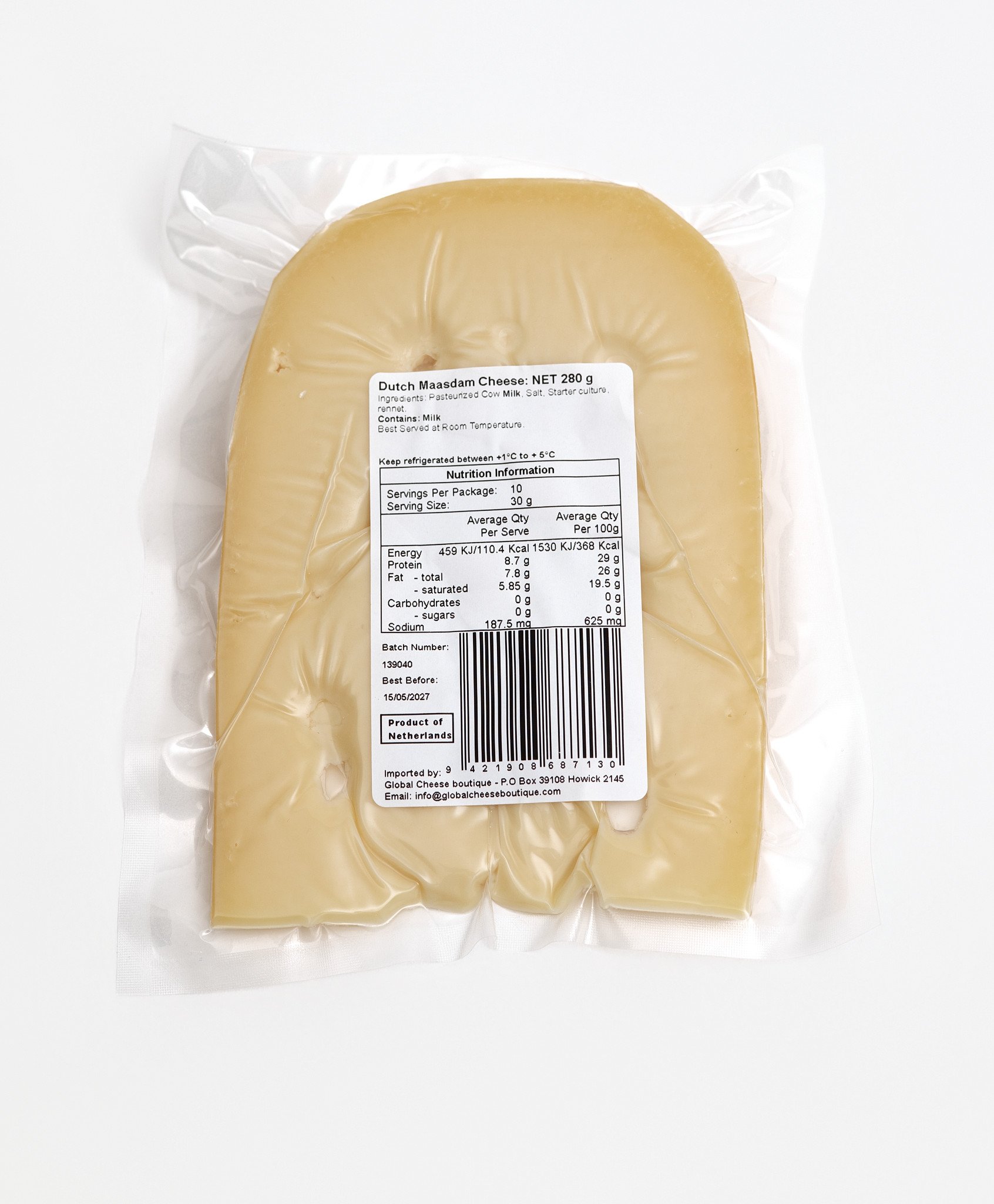 Dutch Maasdam 280 g, back of sealed pack showing the information label and barcode