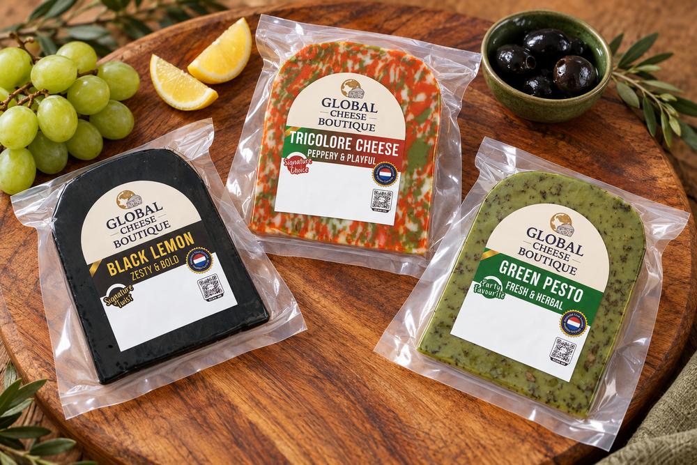 Green Pesto, Black Lemon and Tricolore Gouda in their retail packs