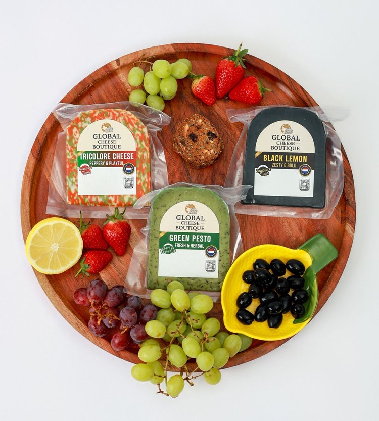 Global Cheese Trio with Green Pesto, Black Lemon and Tricolore Gouda