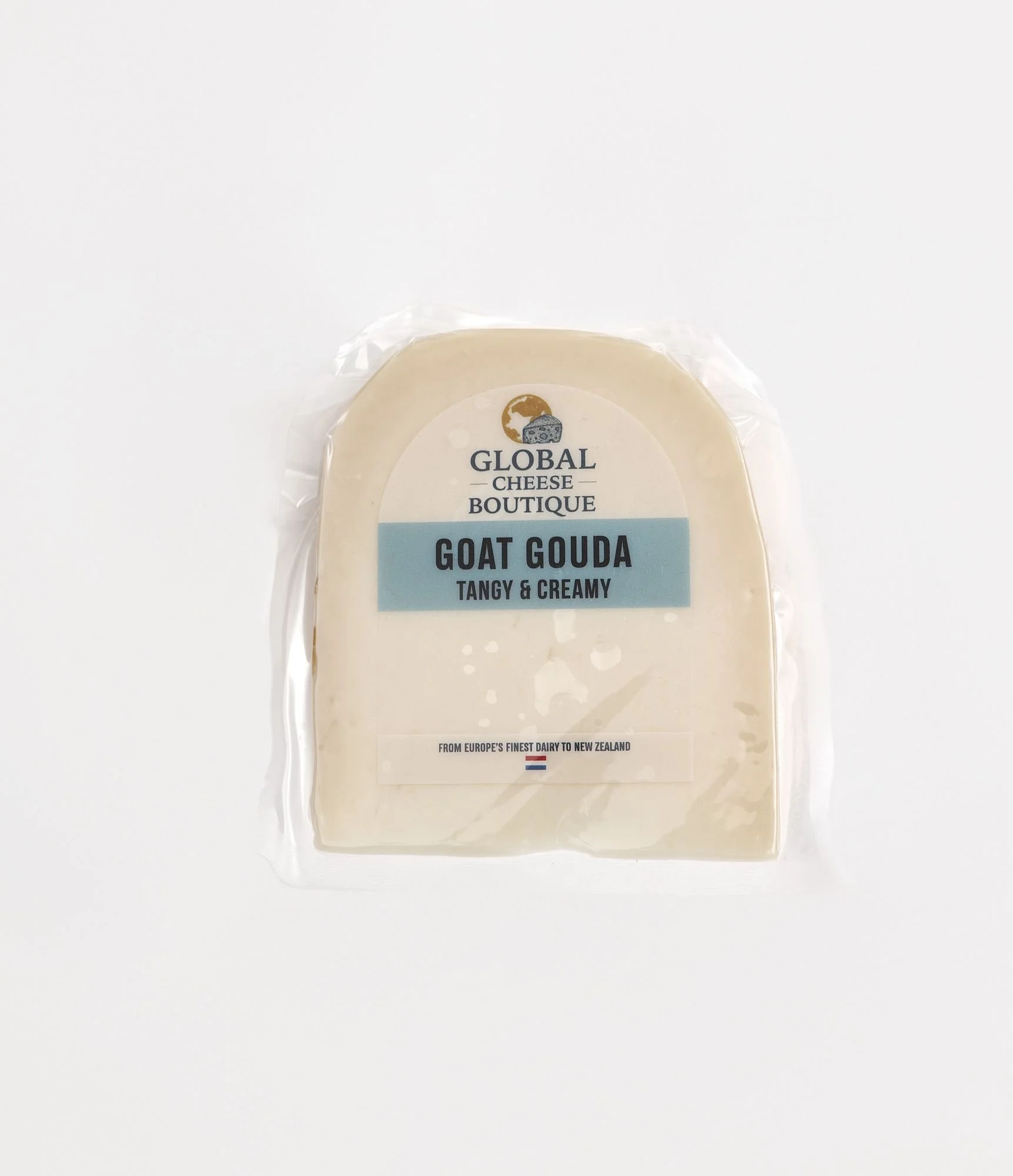 Goat Gouda, front of a sealed pack on a light background