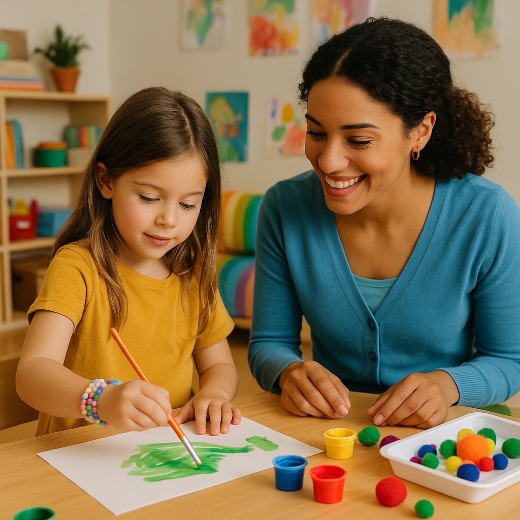 A young girl is painting green on a piece of paper with a brush, while a smiling adult woman observes nearby. The scene is set in a colorful classroom or art space with shelves of art supplies and children's artwork on the wall.