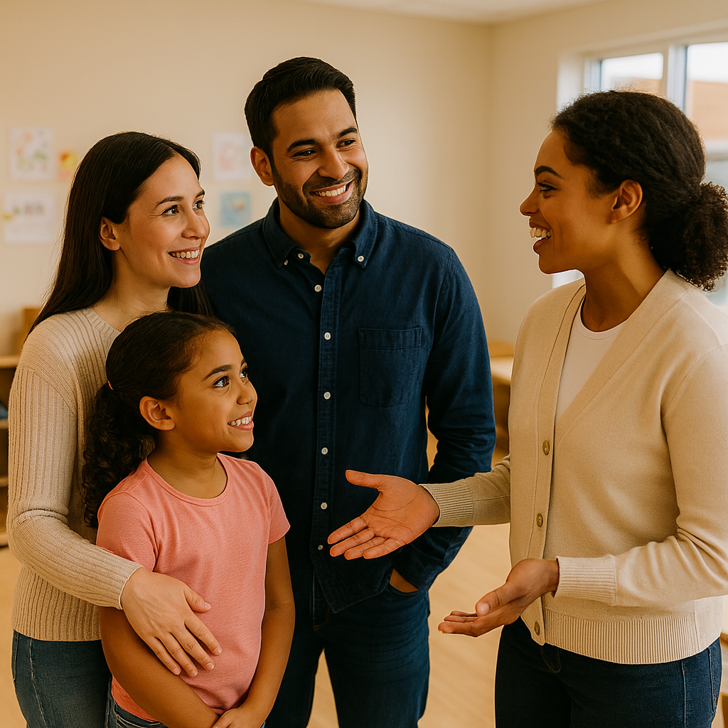 Un groupe diversifié de quatre personnes, dont une femme aux cheveux bouclés, une femme aux cheveux noirs et raides, un homme et une jeune fille, discutent et sourient à l'intérieur, sous la lumière naturelle d'une fenêtre.