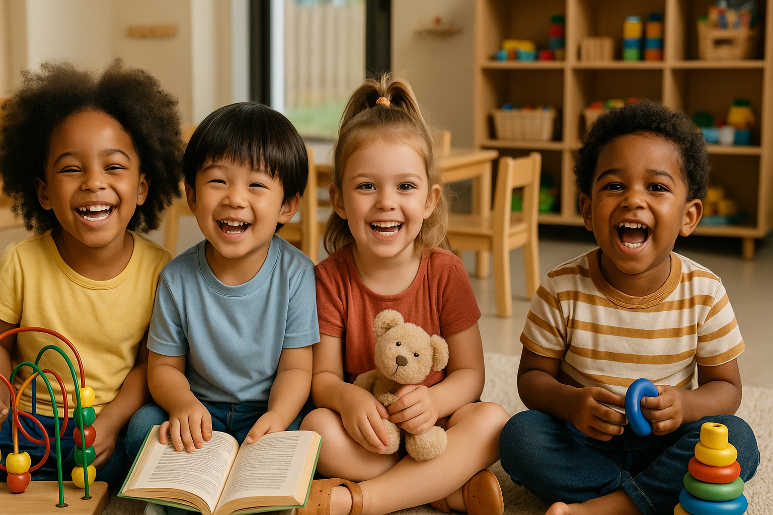 Four children sitting on the floor in a classroom, smiling at the camera, with toys and books around them.