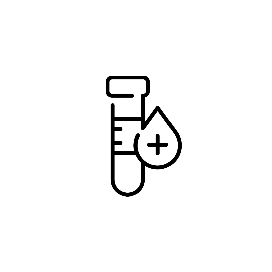 Outline icon of a test tube with a blood drop symbol, indicating blood testing or medical laboratory analysis.