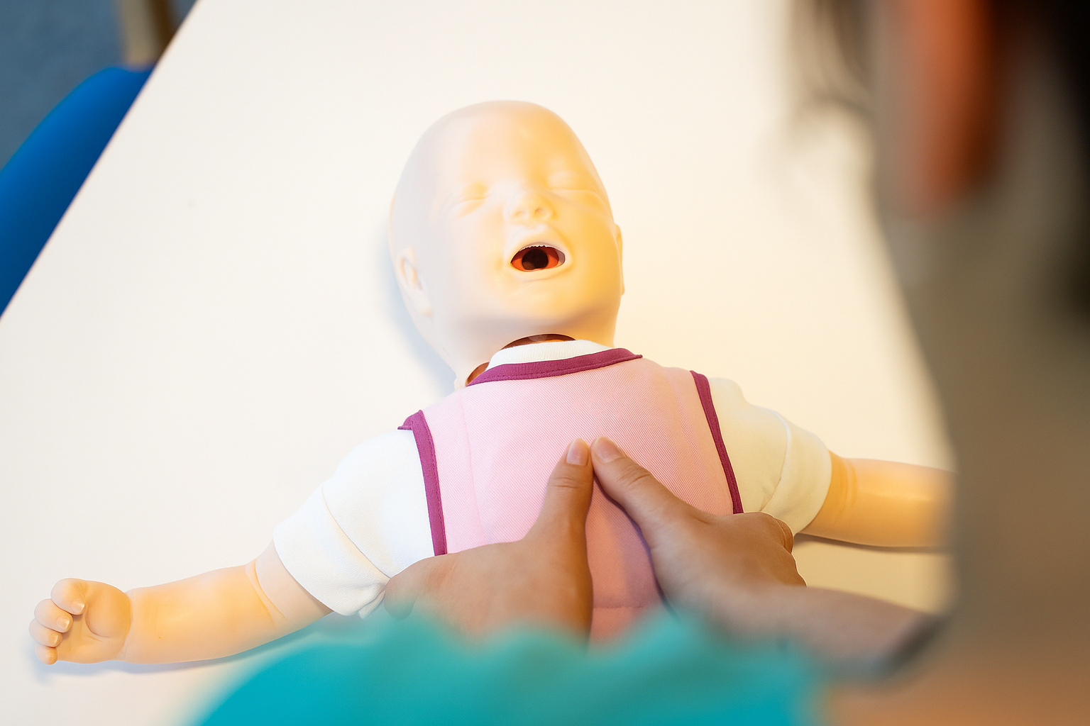 Person giving CPR training on a baby mannequin lying on a white table.