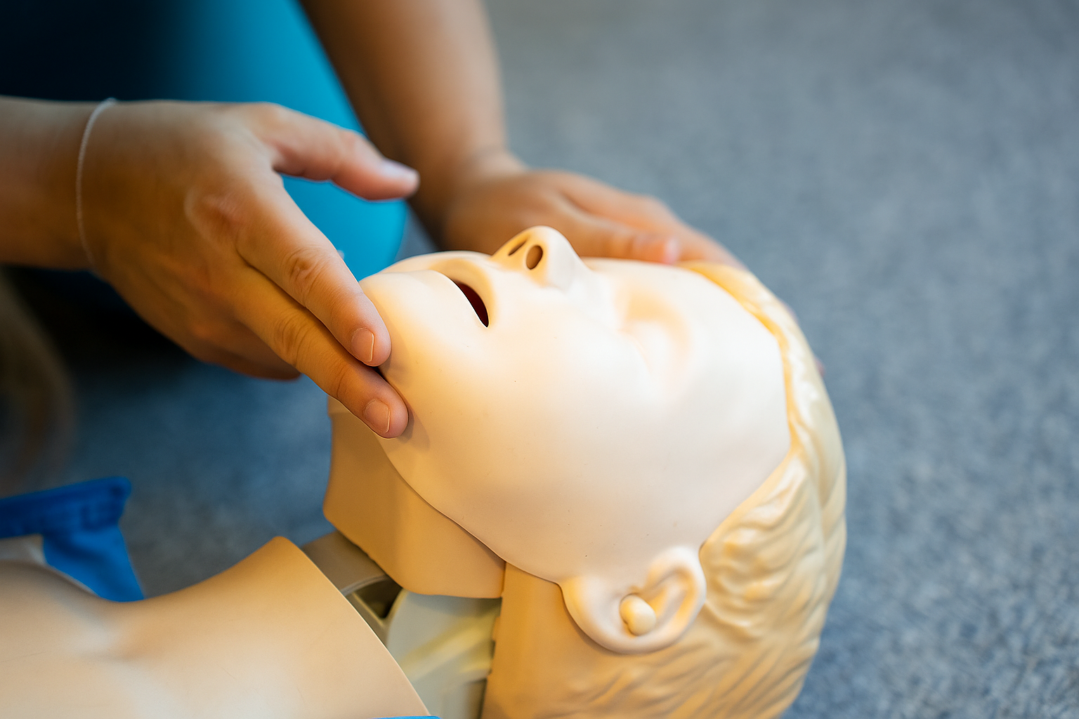 Person performing CPR on a medical training mannequin using rescue breaths.