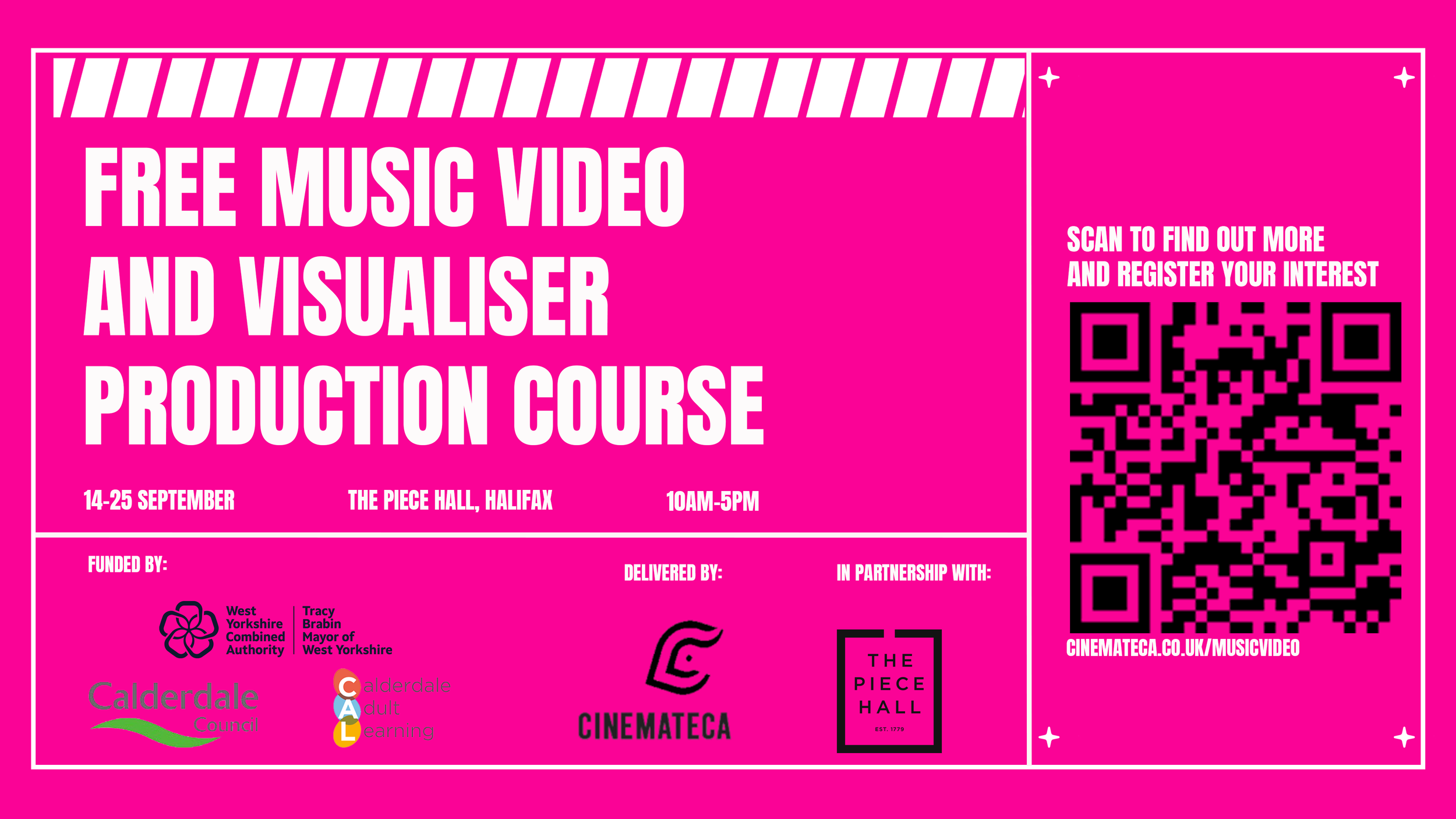 bright pink background with information about the Cinemateca Free Music Video and Visualiser Production Course