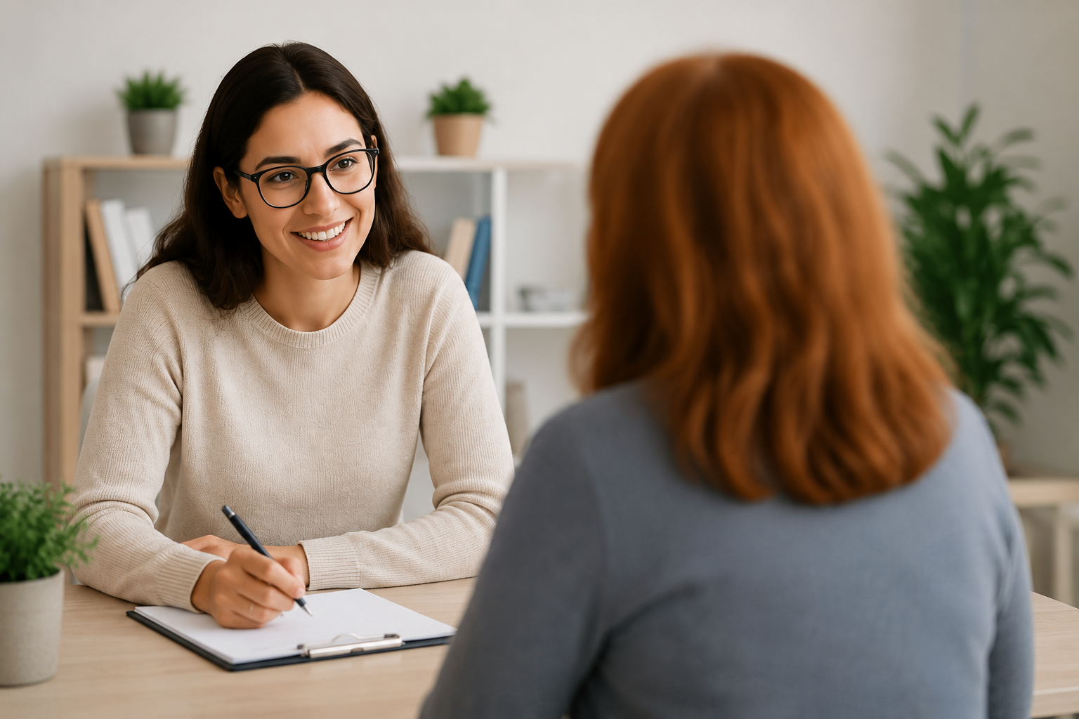 A woman with dark hair and glasses sitting at a desk, smiling and taking notes while talking to another woman with red hair, in a modern office or consultation setting.