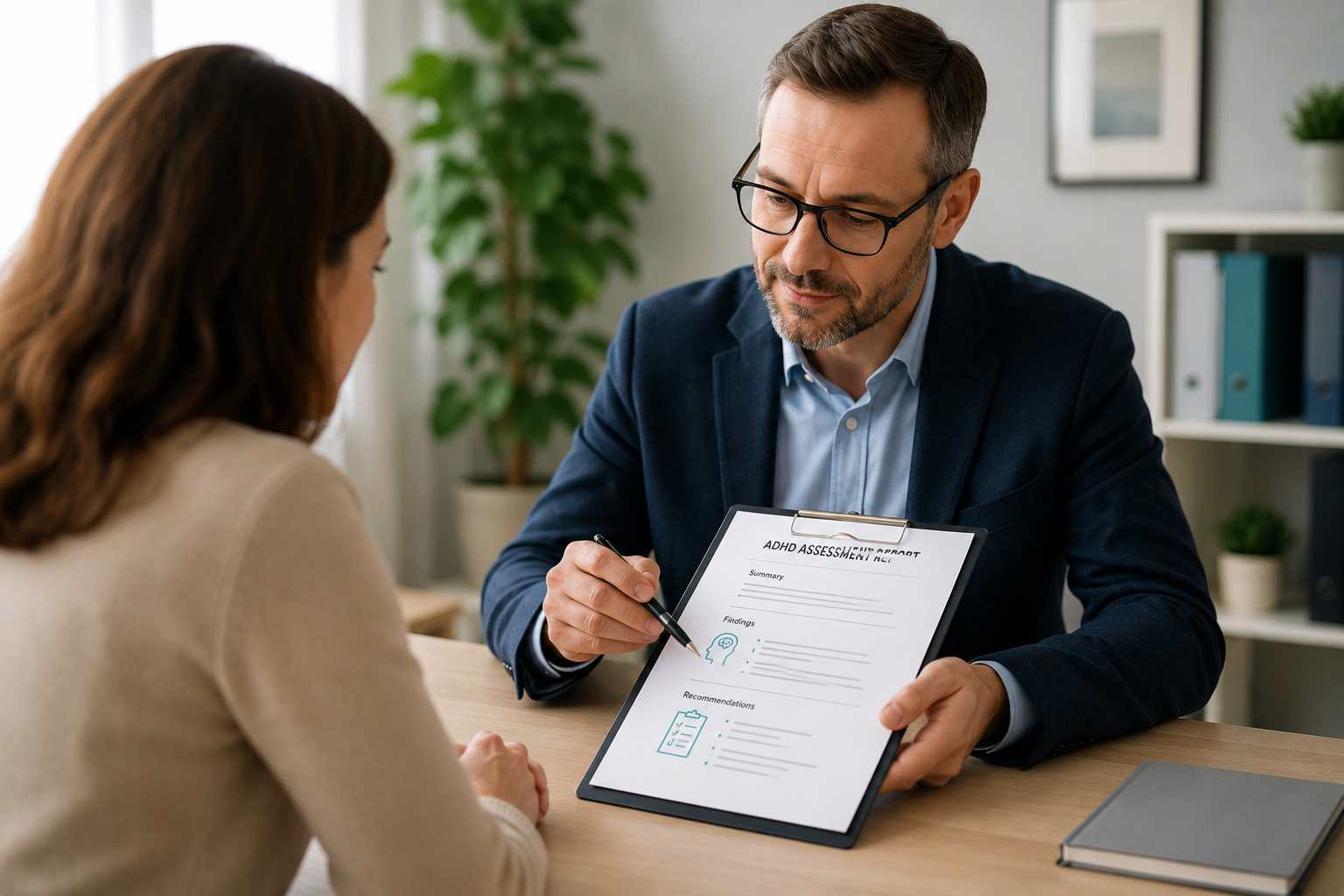 A man in a blue blazer and glasses shows an ADHD assessment report to a woman in a beige blazer during a consultation in an office.
