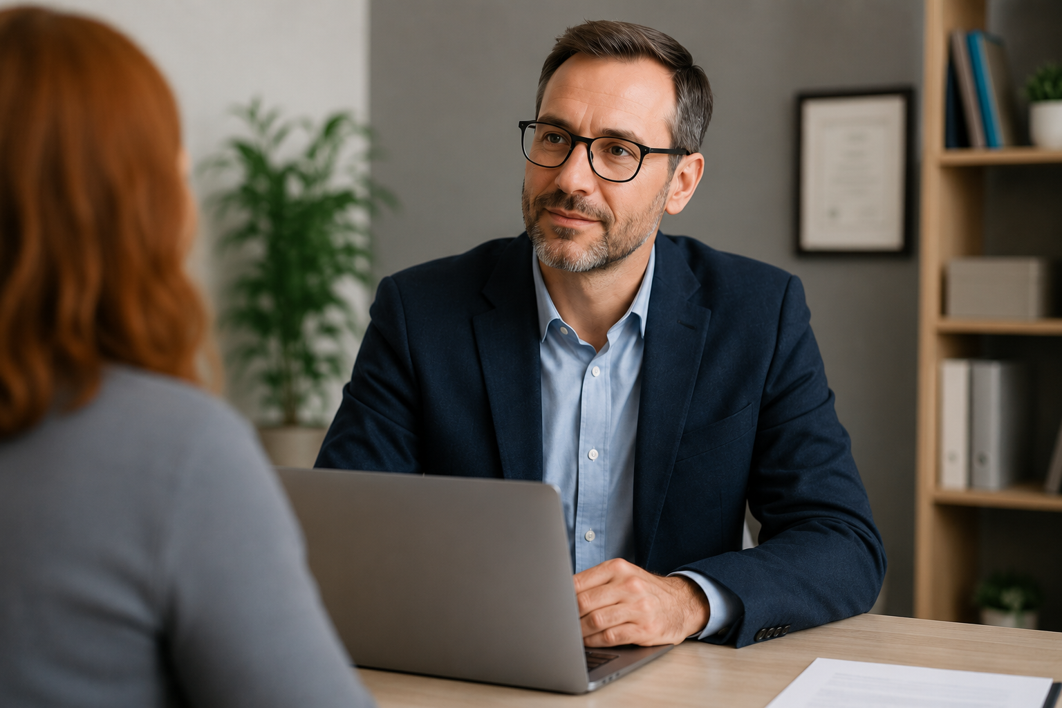Man in glasses and blue suit talking to woman with red hair at desk in office