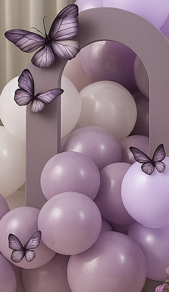Decorative arrangement of purple and white balloons with purple butterfly cutouts attached to a gray arch.
