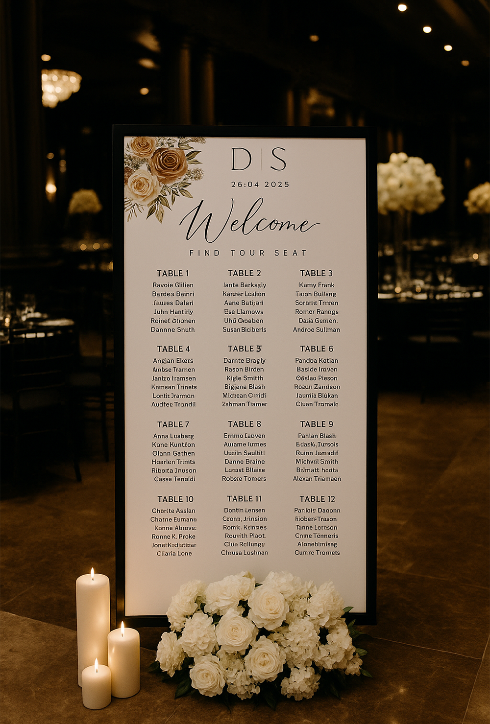 Wedding seating chart with floral decorations, displaying a list of guest names for tables numbered 1 to 12, and candles at the base of the sign.