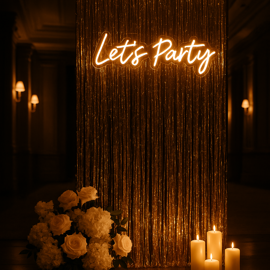 A decorative setup with a neon sign that says "Let's Party" in cursive, surrounded by a gold metallic fringe curtain, a bouquet of white roses and hydrangeas, and four lit white candles at the base.