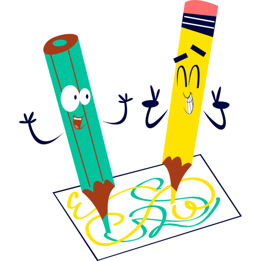 Animated teal store pencil and yellow crayon with faces, arms, and hands drawing colorful lines on a piece of paper.