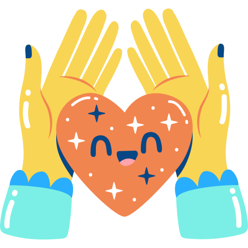Two cartoon hands with yellow skin and blue cuffs holding a smiling heart-shaped cookie with a face, stars, and sparkles.