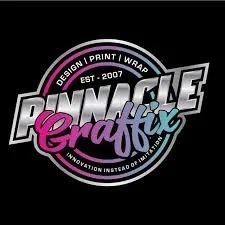Logo for Pinnacle Graffix, a design and printing company established in 2007, featuring bold text and colorful accents.
