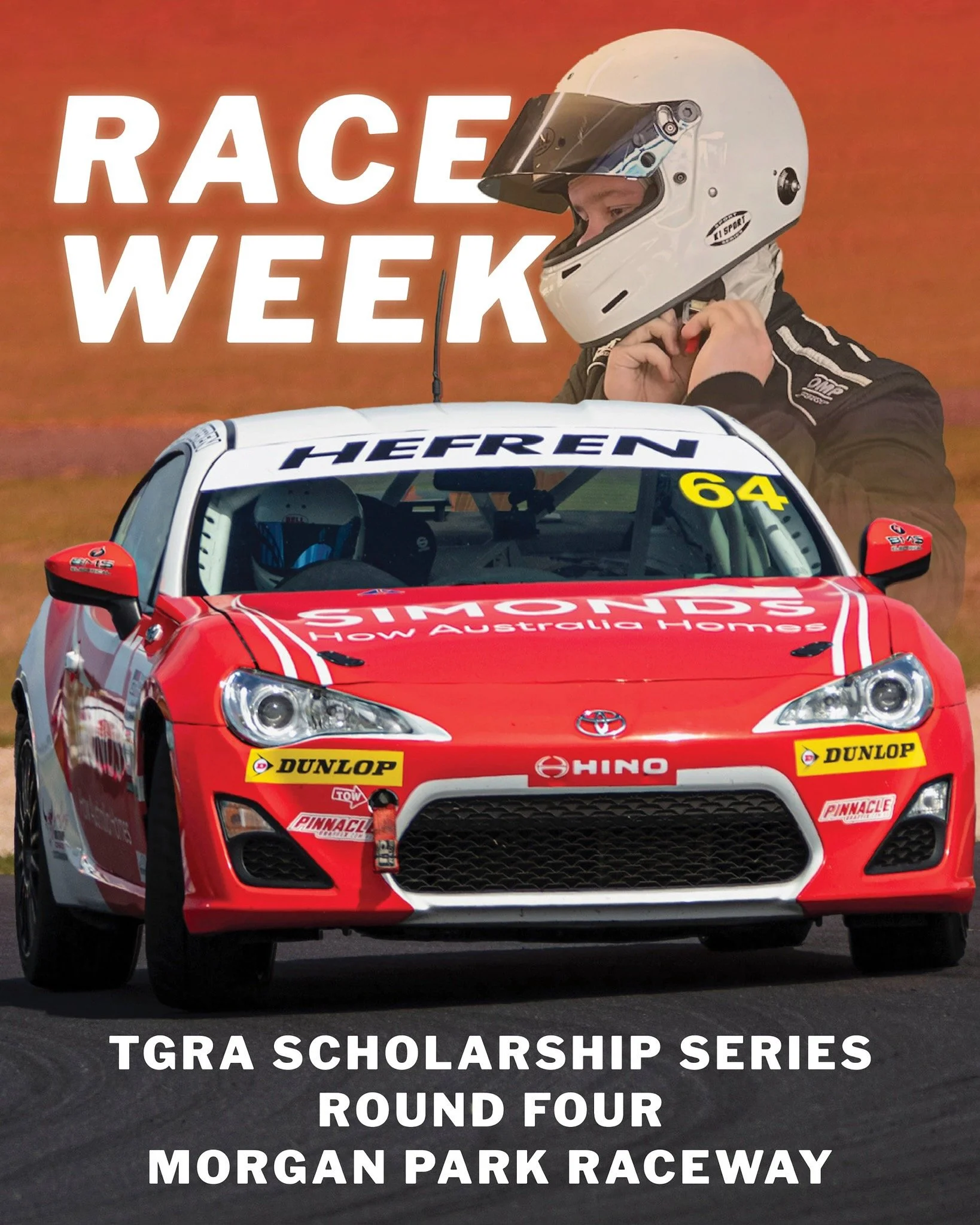 Caleb Hefren, race car driver holding a helmet, with a red Toyota race car on a track in front of them, and text indicating it is Race Week for the TGRA Scholarship Series, Round Four at Morgan Park Raceway.