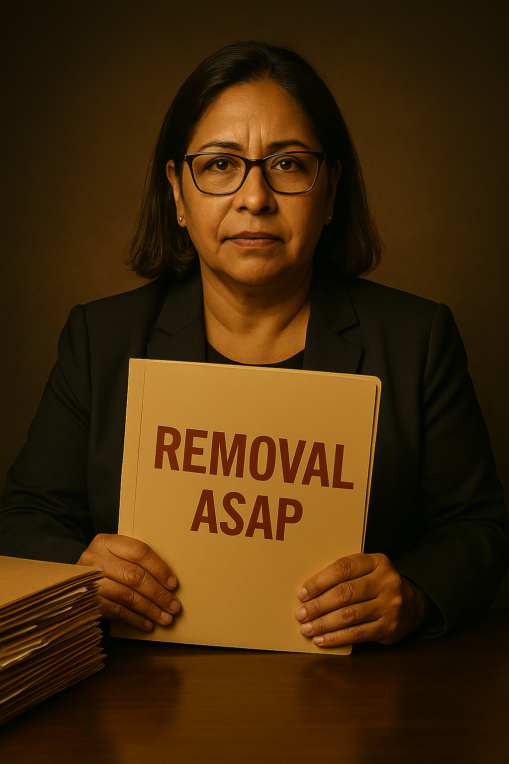 CPS worker holding ‘Removal ASAP’ sign, representing urgency and pressure in child welfare cases.