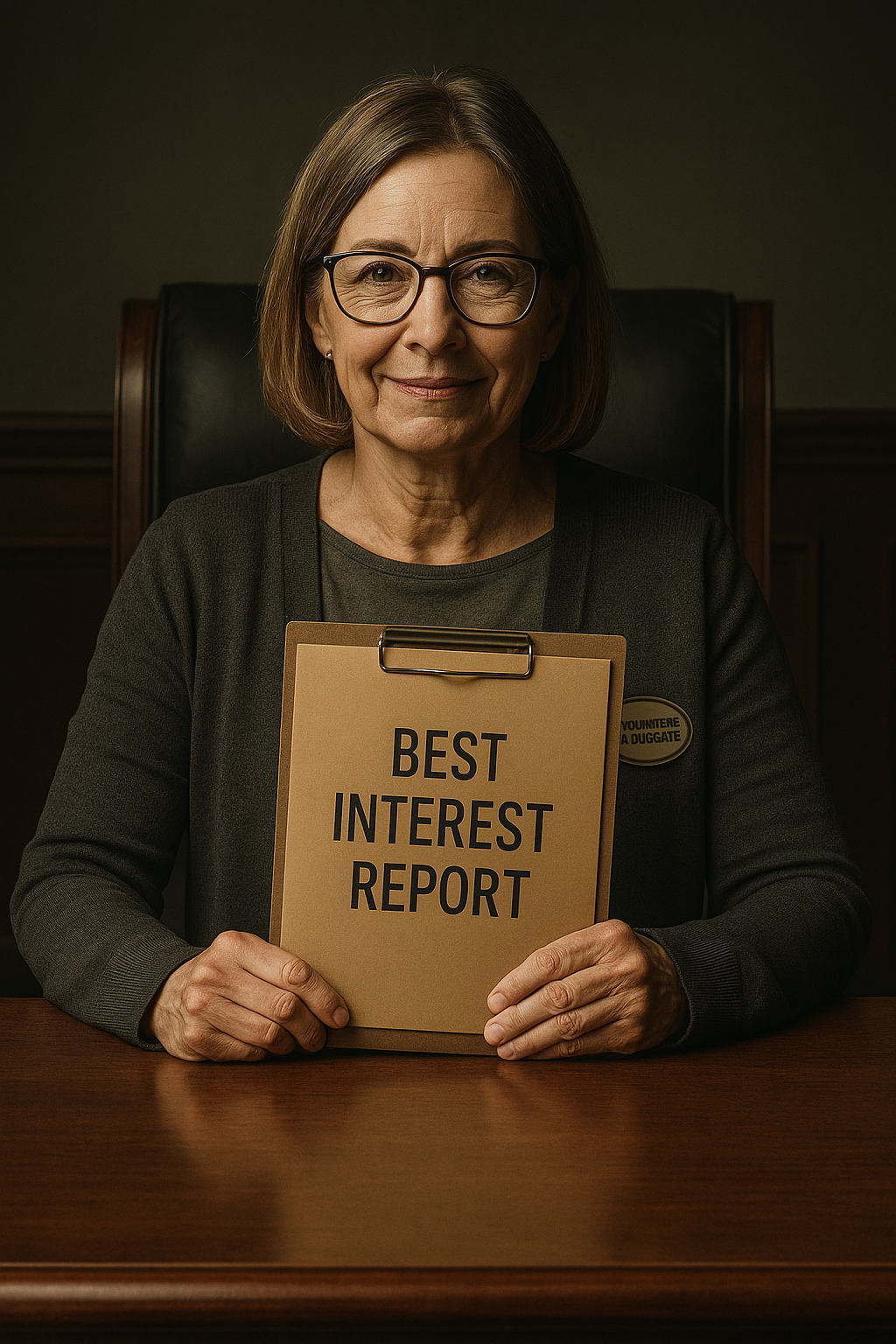 CASA/GAL volunteer sits desk with ‘Best Interest Report,’ highlighting systemic documentation.