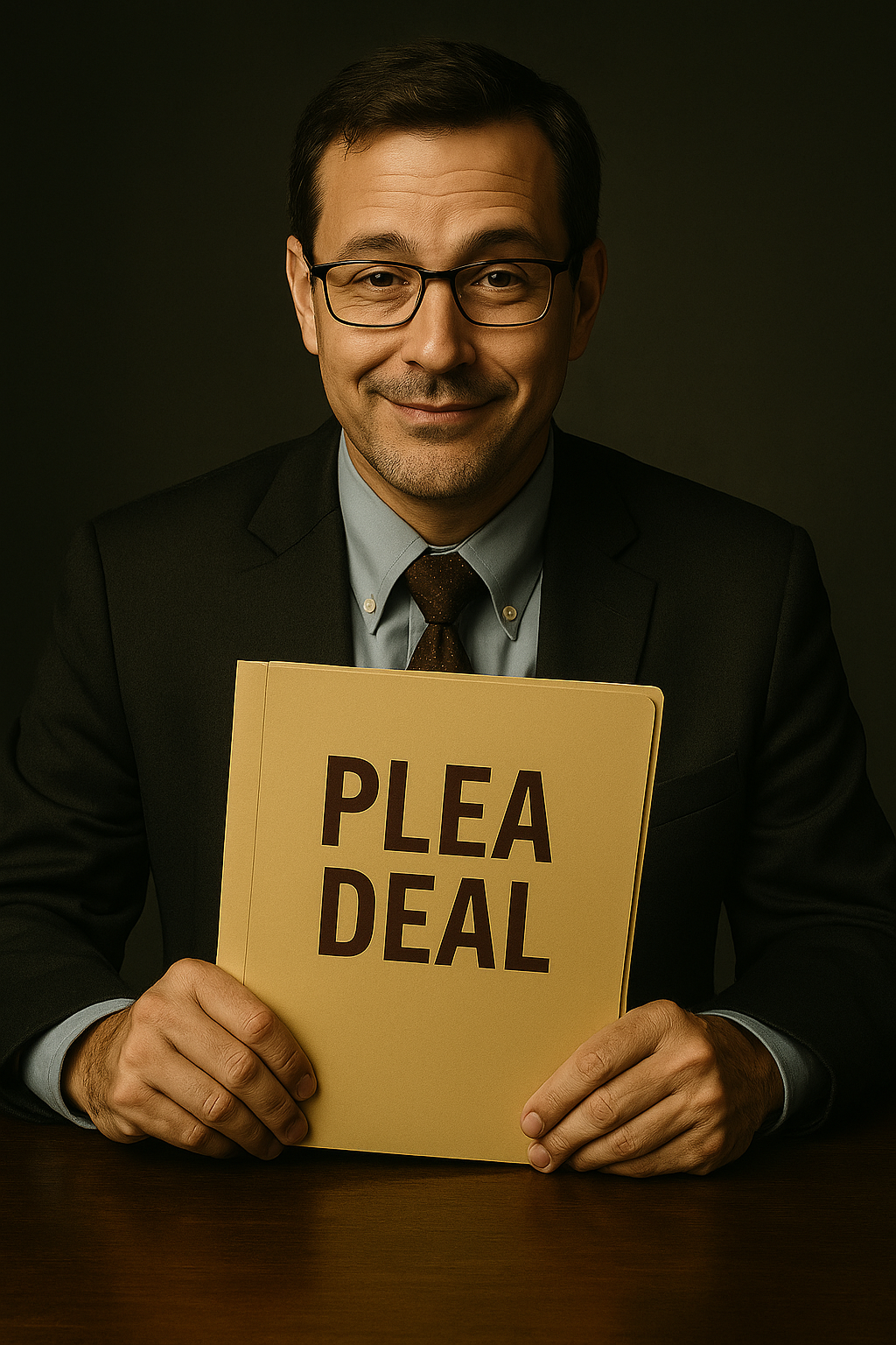 A man in a suit and glasses holding a sign that says 'PLEA DEAL'.
