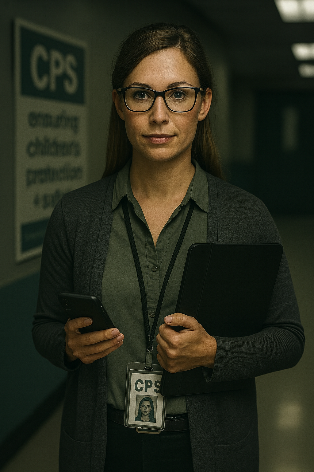 A woman at a CPS office holding a phone and folder, wearing glasses and an ID badge.