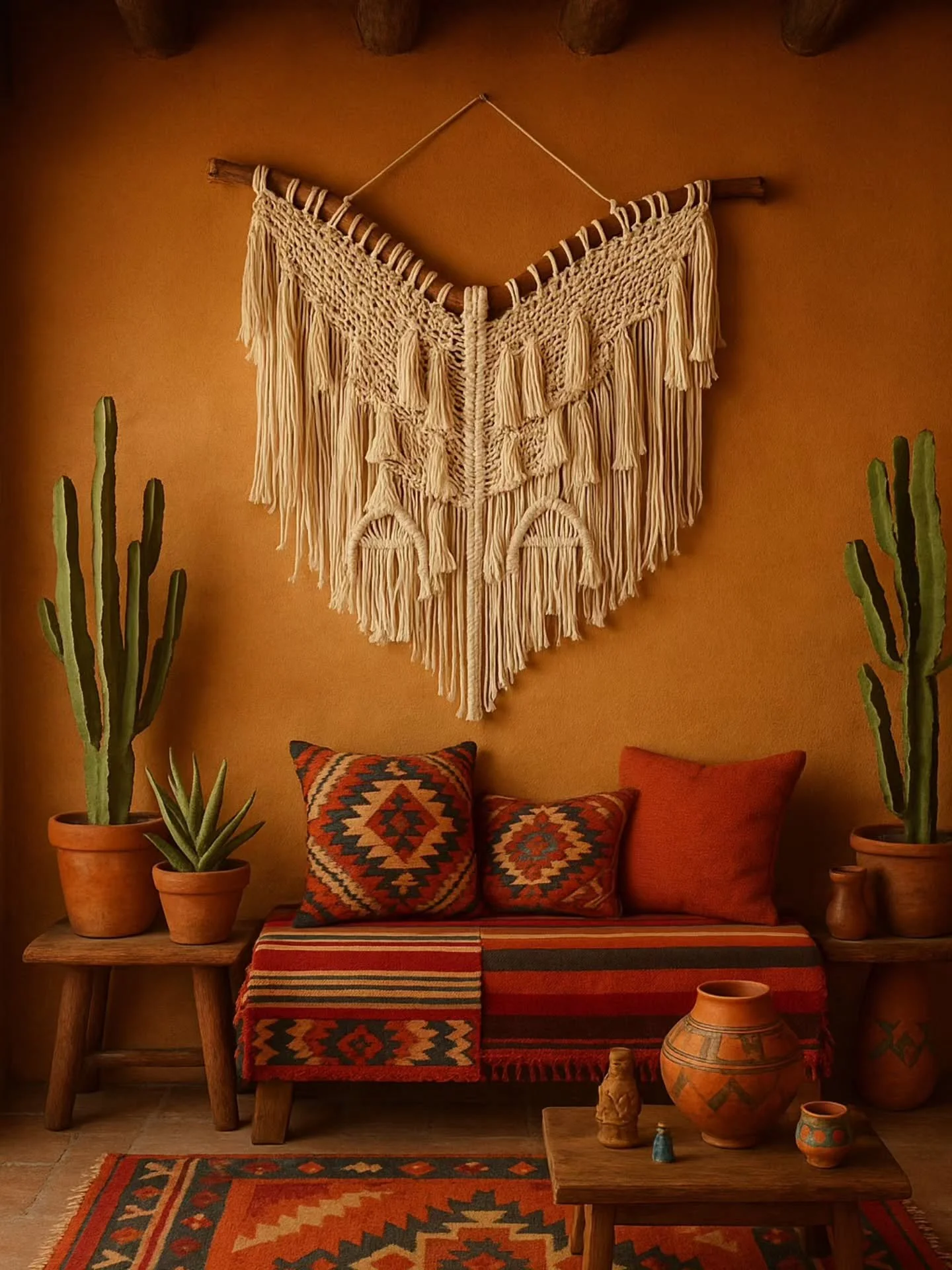 Macrame can give an ethnic aesthetic to your space, depending on the pattern and choice of knots. 

&Sigma;&tau;&iota;&sigmaf; 15-17/11 &theta;&alpha; &sigma;&upsilon;&mu;&mu;&epsilon;&tau;έ&chi;&omega; &sigma;&tau;&eta;&nu; έ&kappa;&theta;&epsilon;&