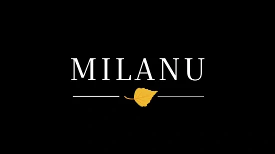 Tekstillä 'MILANU' varustettu logo, jossa lehtikuvake keskellä mustalla taustalla.