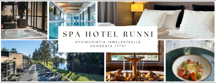 Kollaasi Spa Hotel Ruunin tiloista ja palveluista, mukaan lukien poreallas, sisäuima-allas, makuuhuone, ulkoterassi, spa-aluetta ja ruoka-annos.