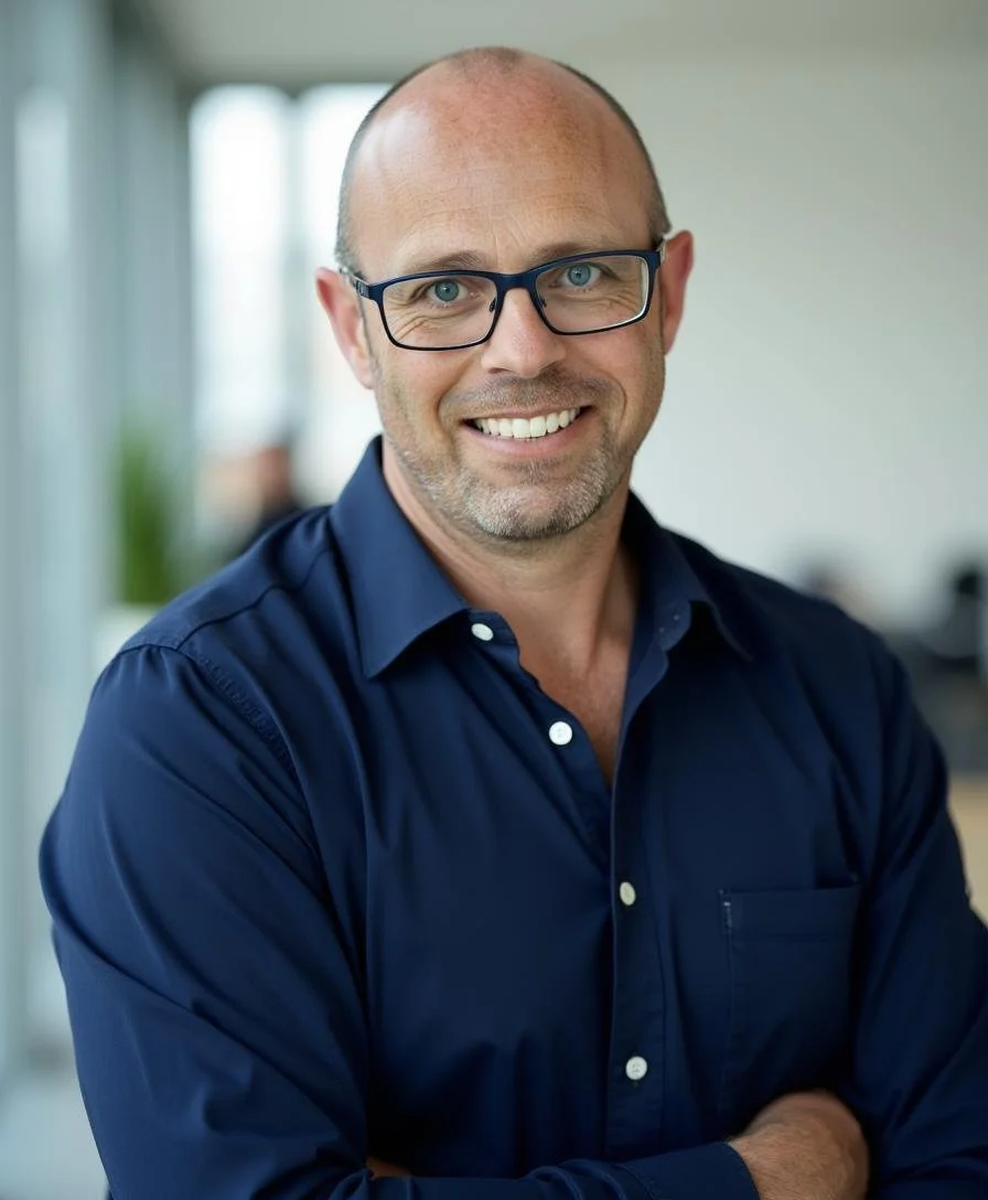 A smiling man with glasses and a blue shirt, arms crossed, in an indoor setting with natural light.