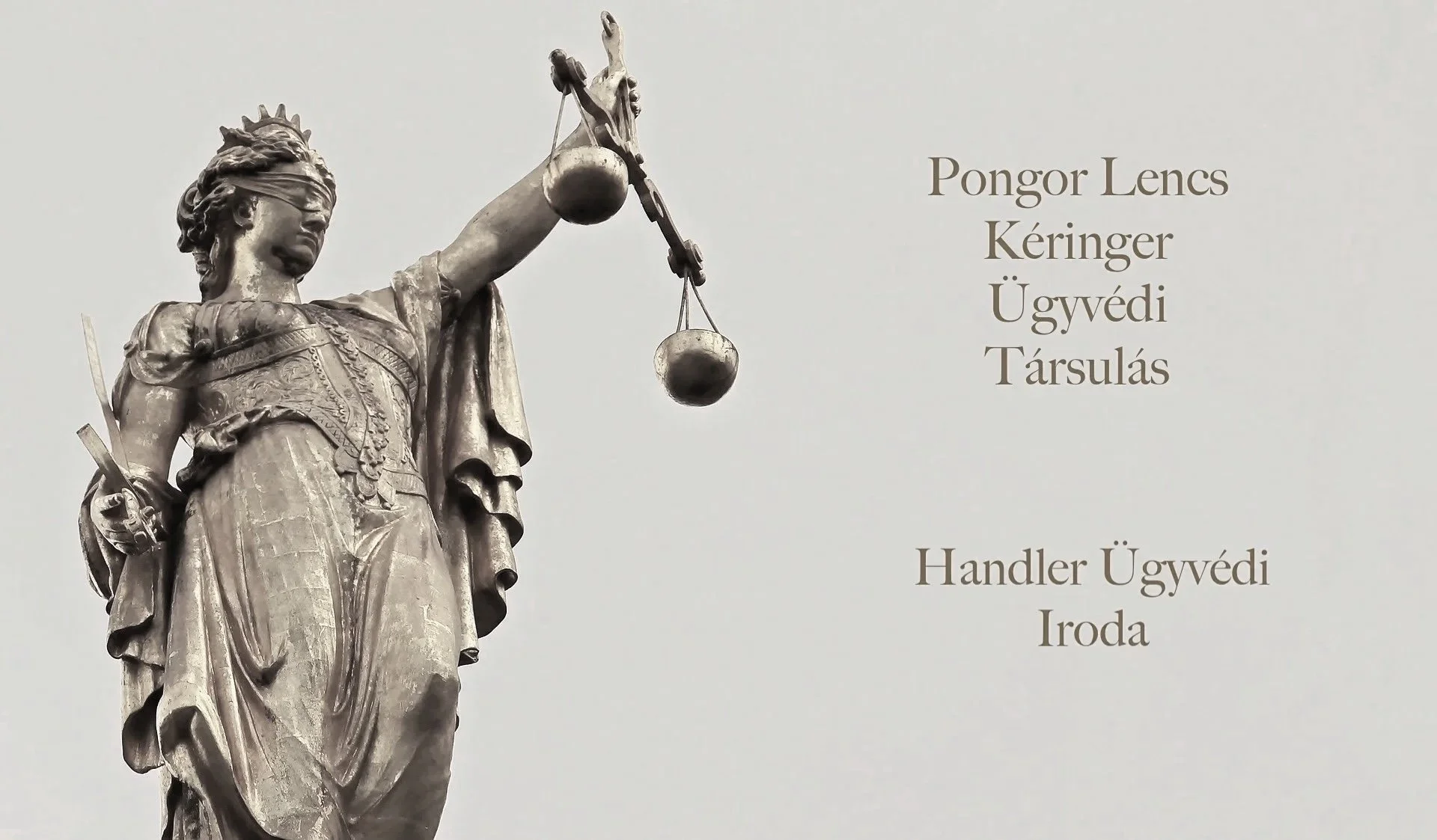 A statue of Lady Justice holding scales in her right hand and a sword in her left hand, with text in Hungarian on a light background.