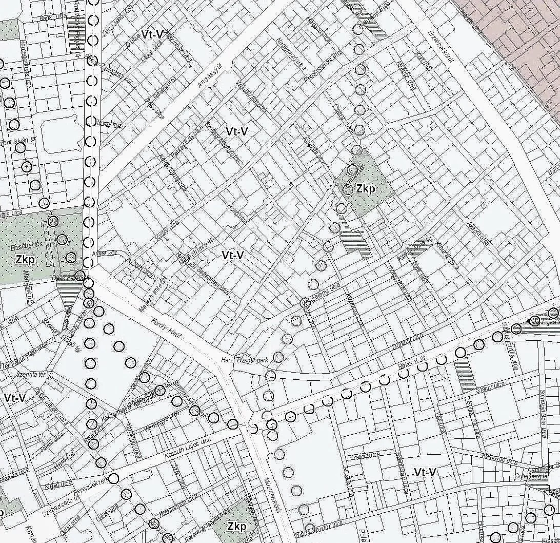 A detailed urban planning map showing roads, plots, green spaces, and zoning areas marked as Vt-V and Zkp.