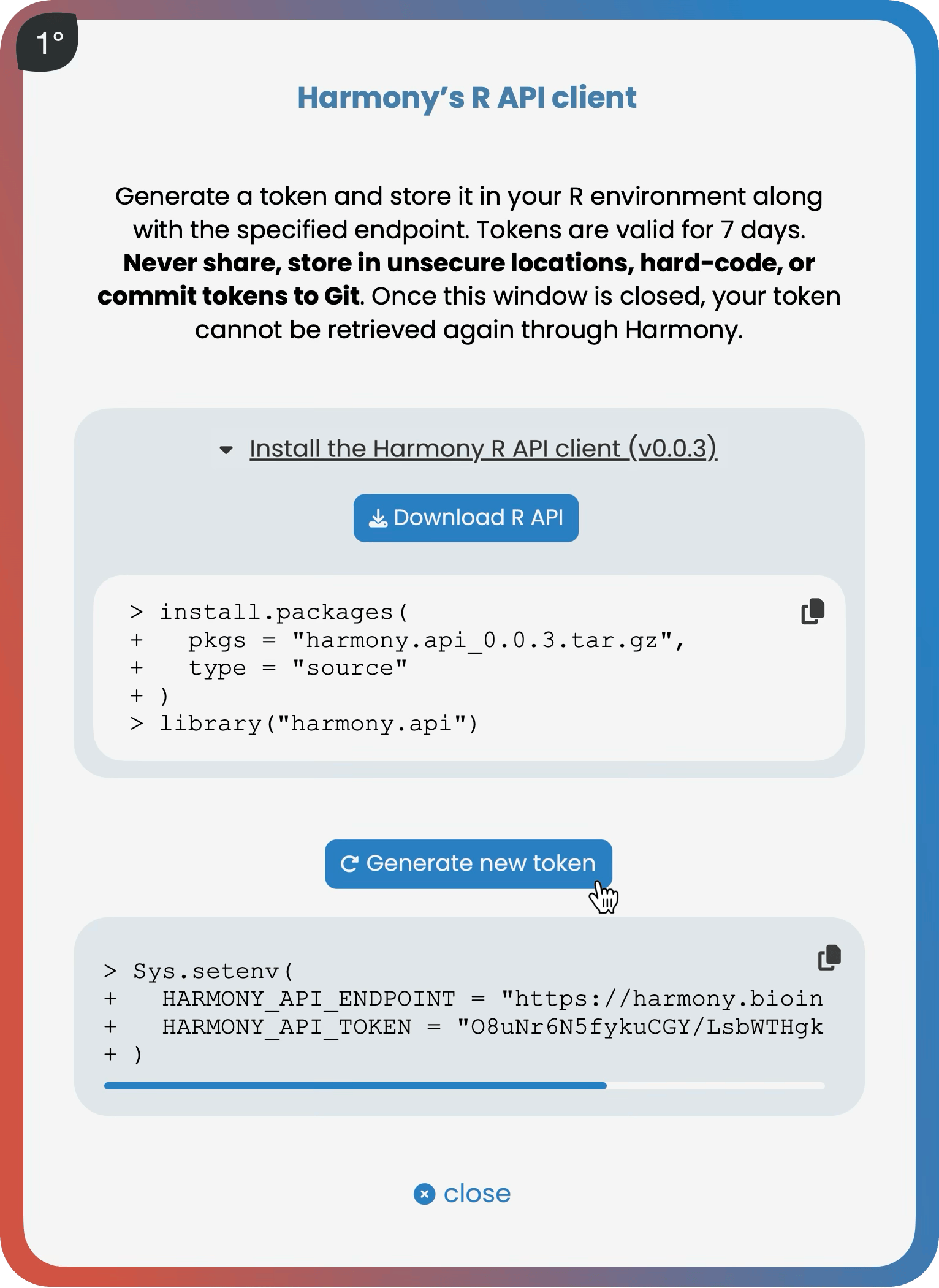 The R REST API client can be downloaded from within Harmony