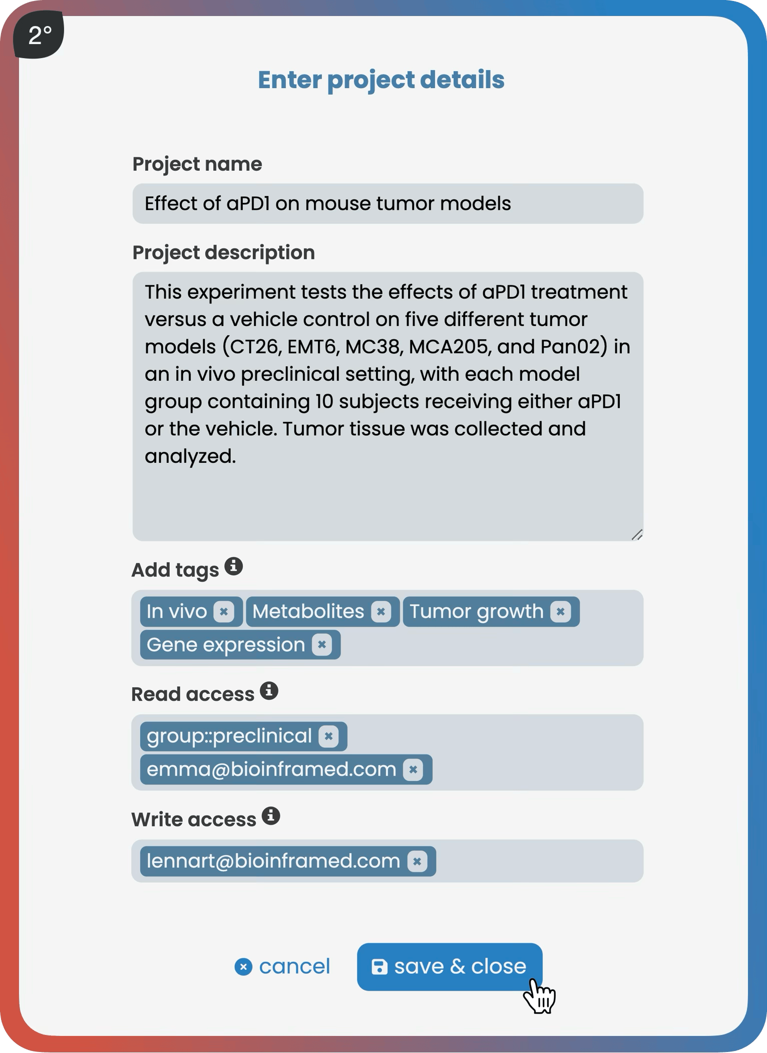 Harmony platform interface for creating a new project and assigning access rights to collaborators.