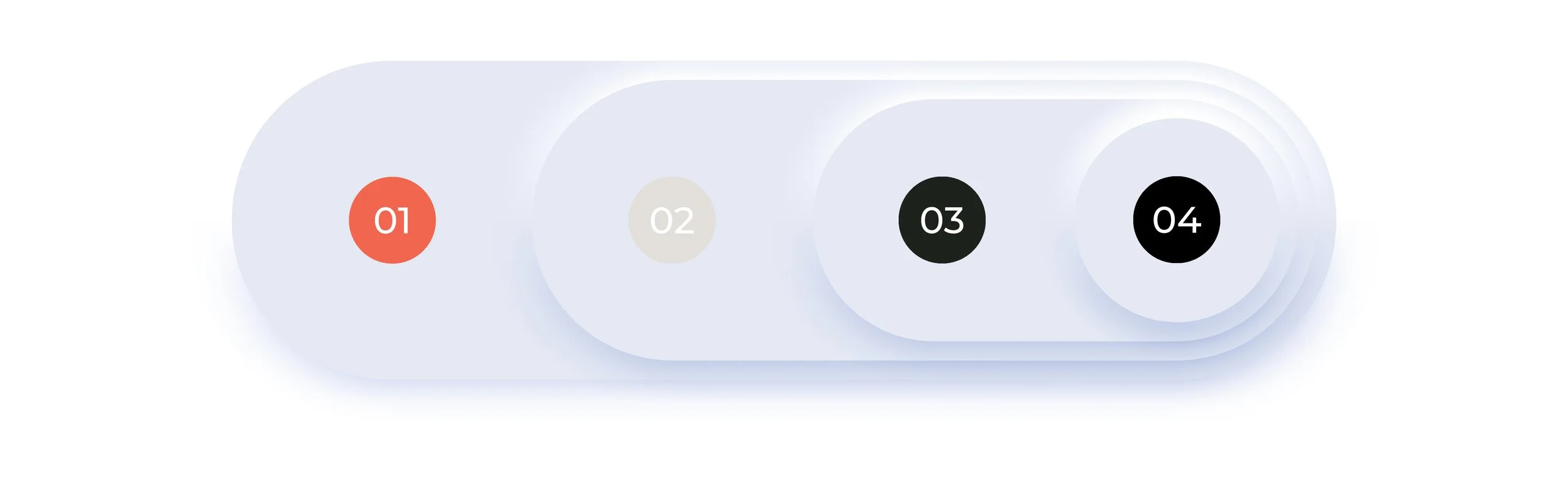 Neljä eriväristä palloa, joissa numerot 01, 02, 03 ja 04, järjestetty vaakasuoraan.
