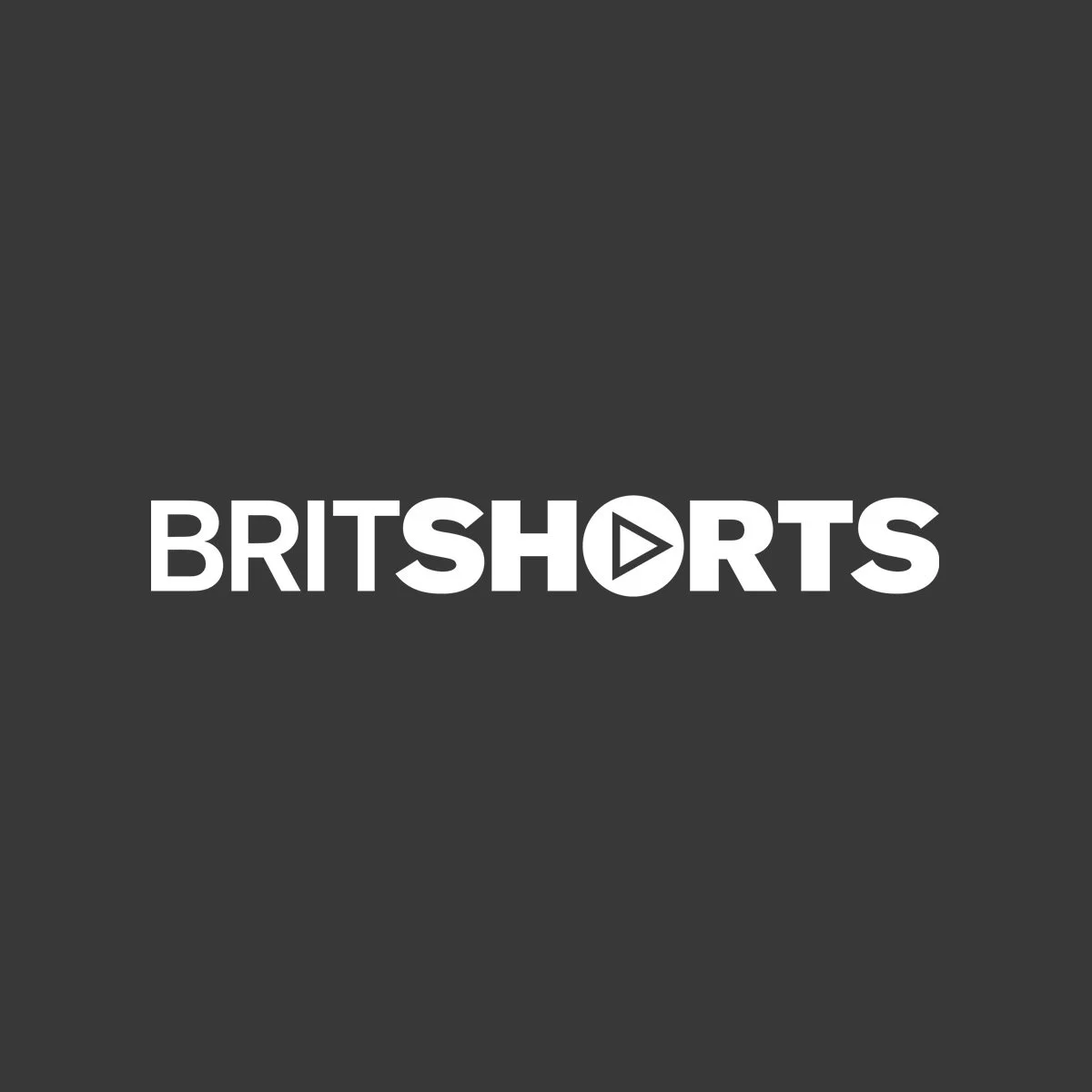 Logo with the word BRITSHORTS in white capital letters on a dark gray background, with a play button symbol inside the letter O.