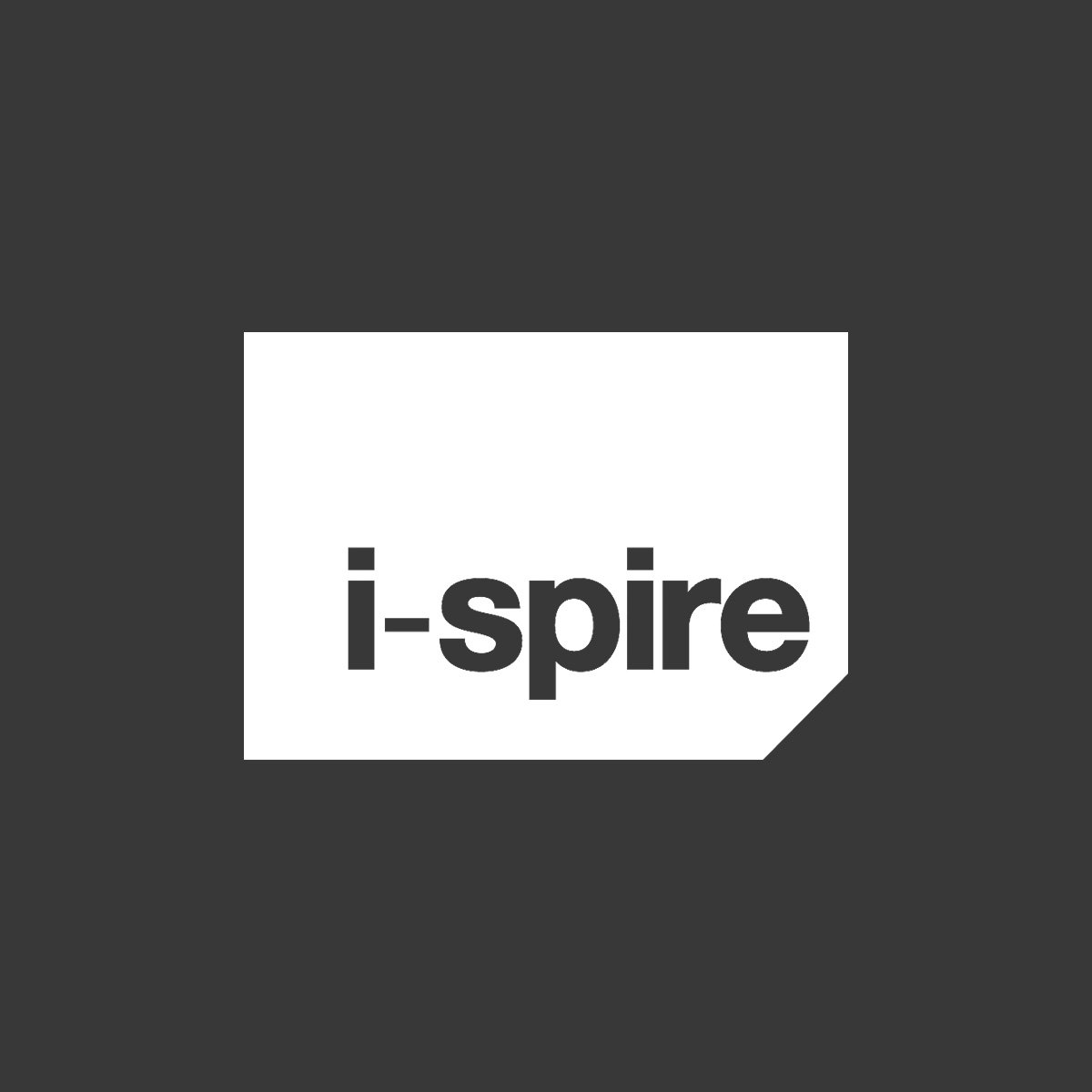 Logo with the word 'i-spire' in black on a white rectangle with a web address, on a dark gray background.