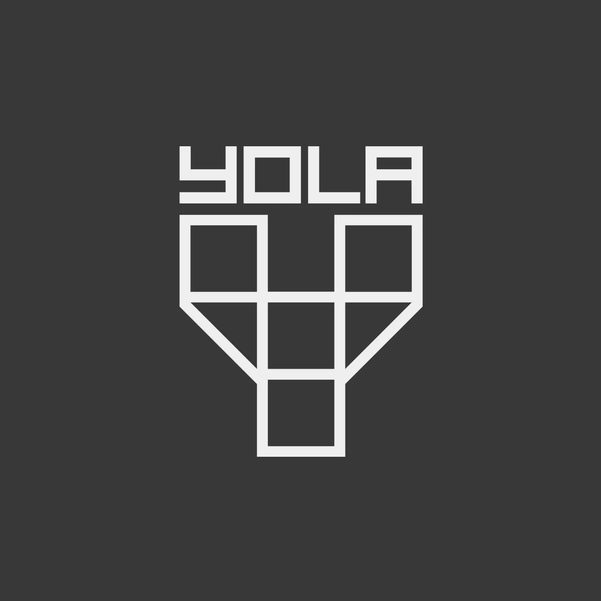Geometric black and white logo with the word 'YOLA' above a stylized cube or house shape, on a dark background.