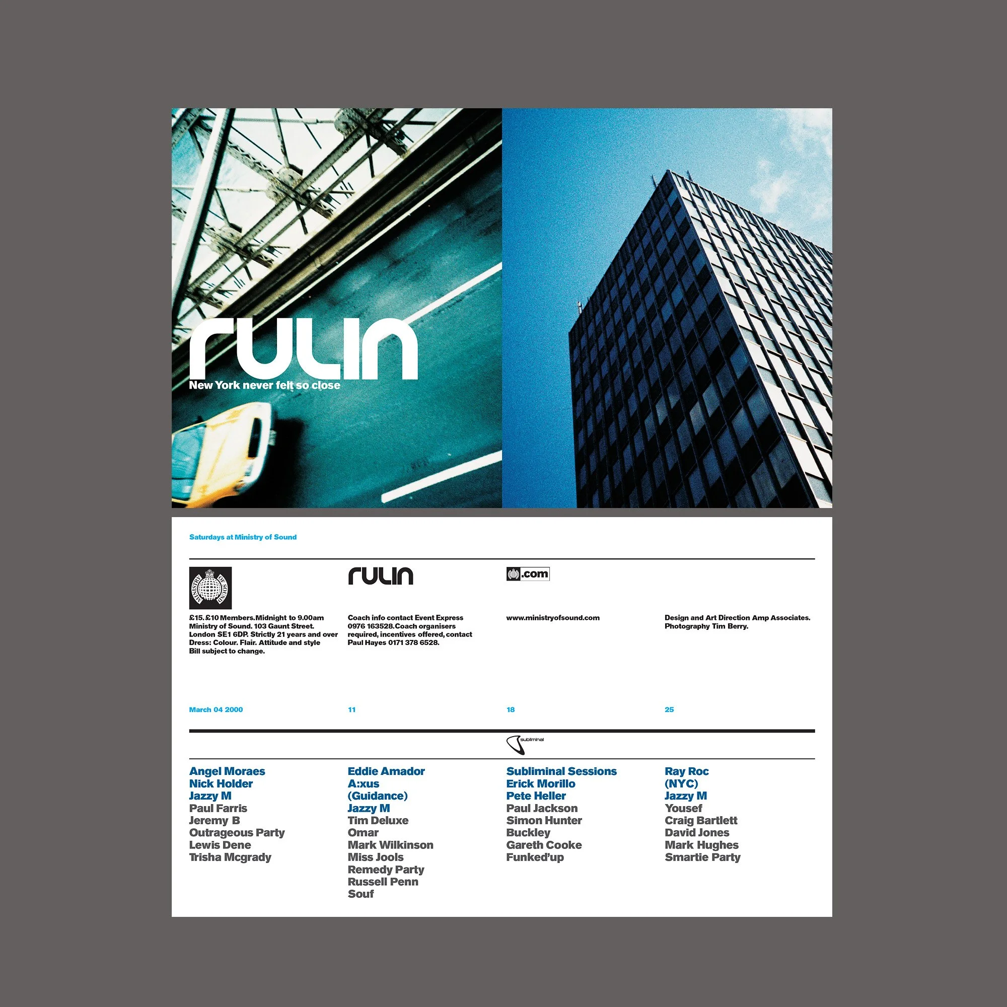 A promotional flyer or event poster featuring images of a cityscape with a high-rise building and a street scene in New York City. It includes text about an event called RULIN, taking place at the Ministry of Sound with details about the date, time, location, and performers.