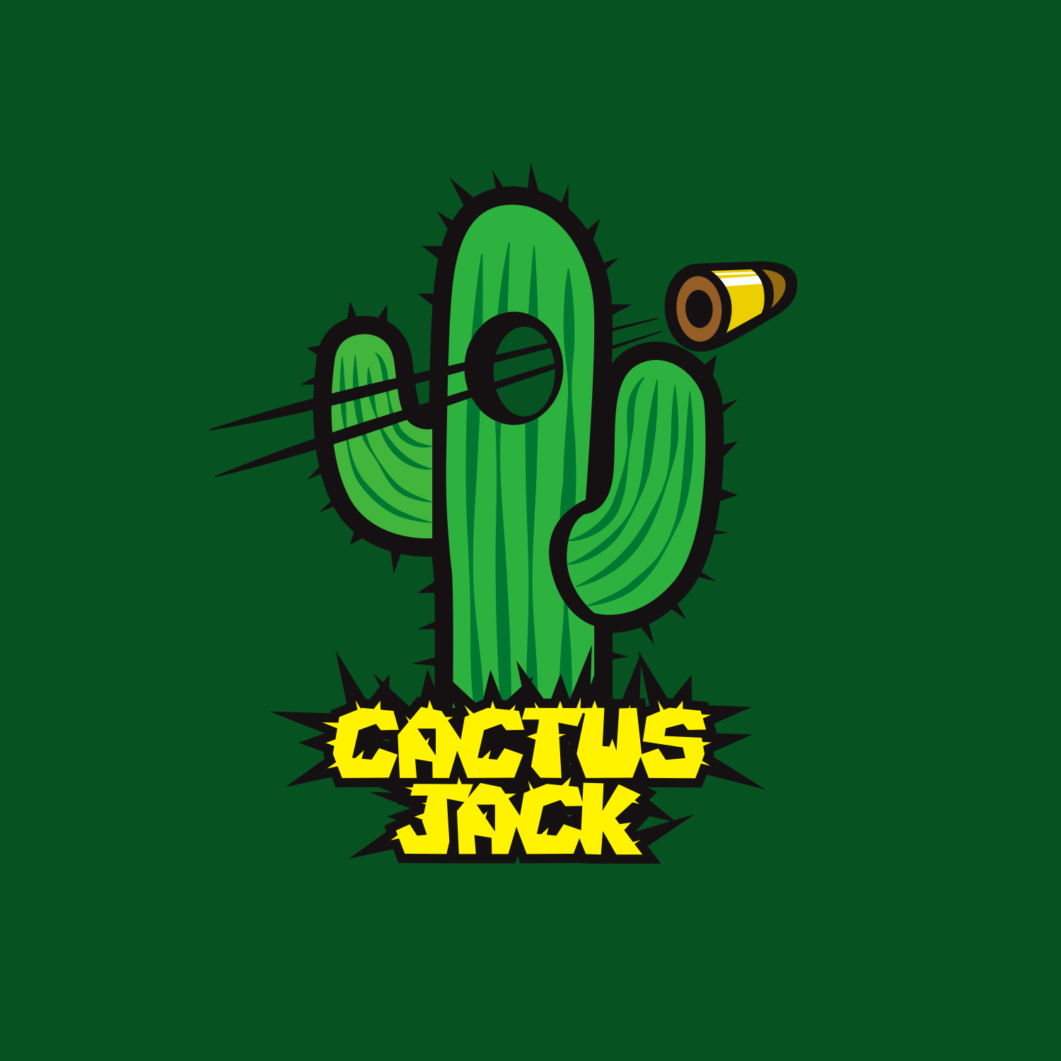 Graphic illustration of a cactus with a bullet, with bold yellow text reading 'Cactus Jack'.