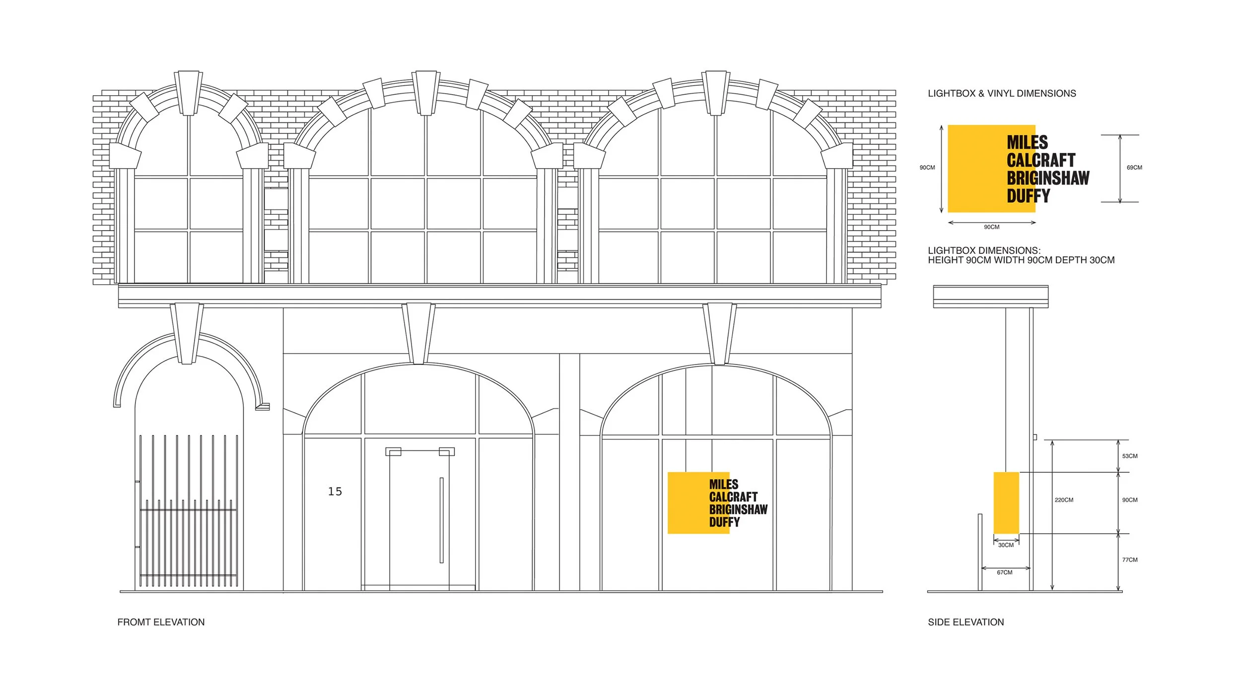 Architectural blueprint of a building's front and side elevations. It includes detailed measurements and a design for a lightbox display with the text 'MILES CALCRAFT BRIGINSHAW DUFFY' on a yellow background.
