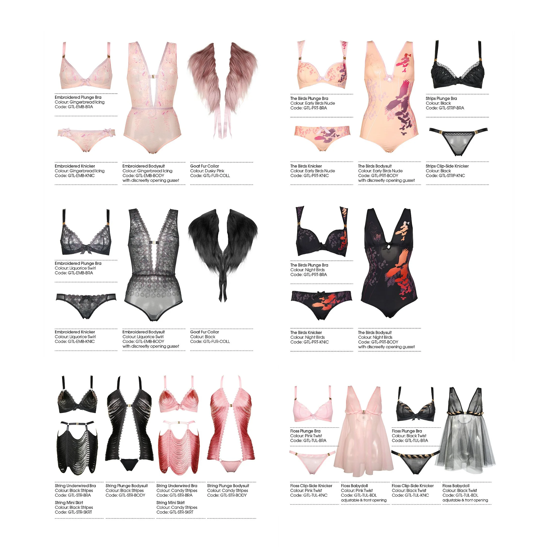 A collection of various women's lingerie including bras and panties in different styles and colors, displayed with labels and product codes.