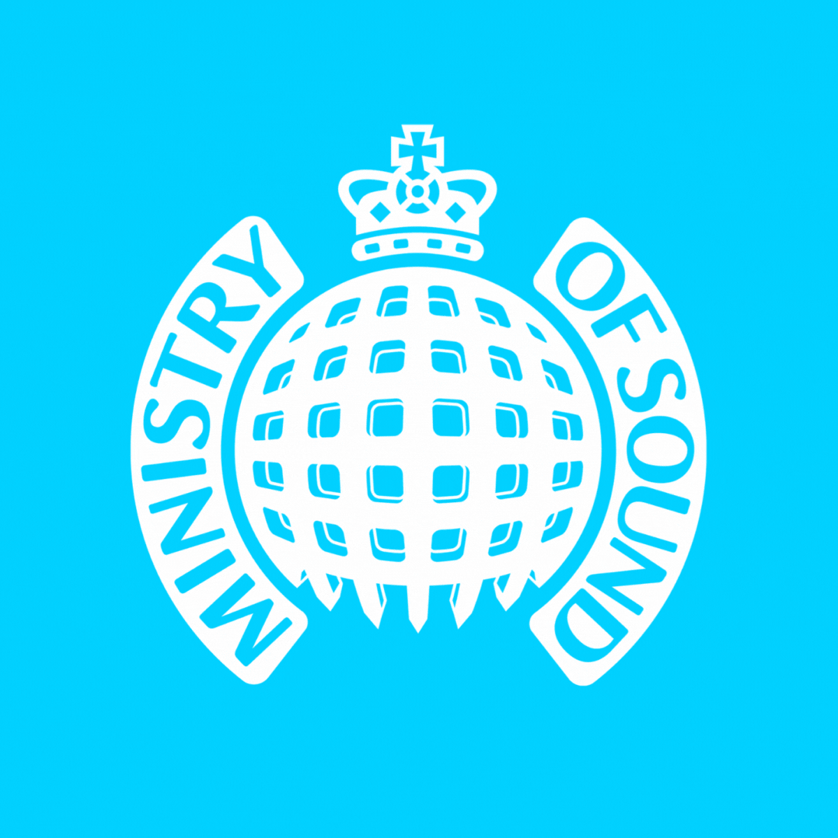 White emblem with a crown and a globe surrounded by the words 'Military of Justice' on a blue background.