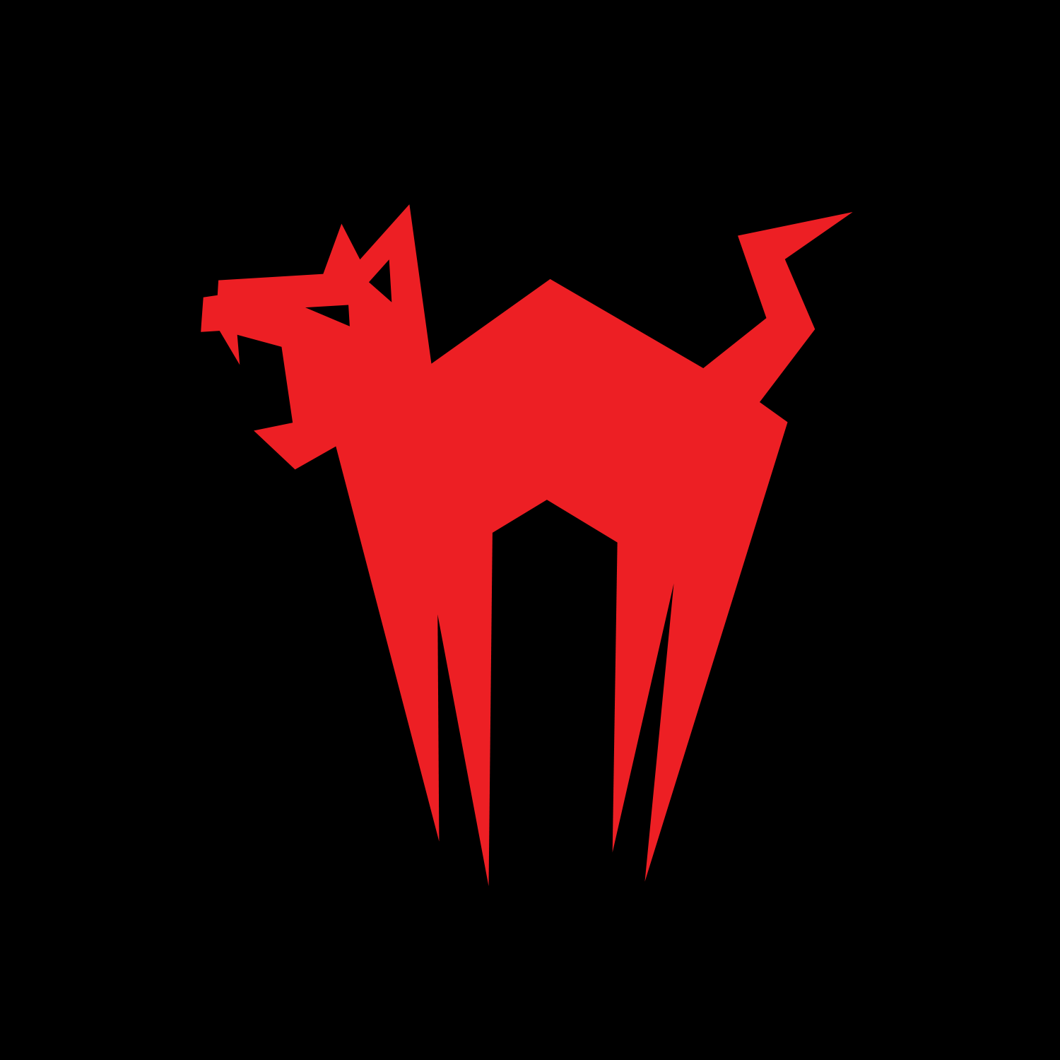 Stylized red and black geometric illustration of a dog with a lightning bolt tail and angular features.