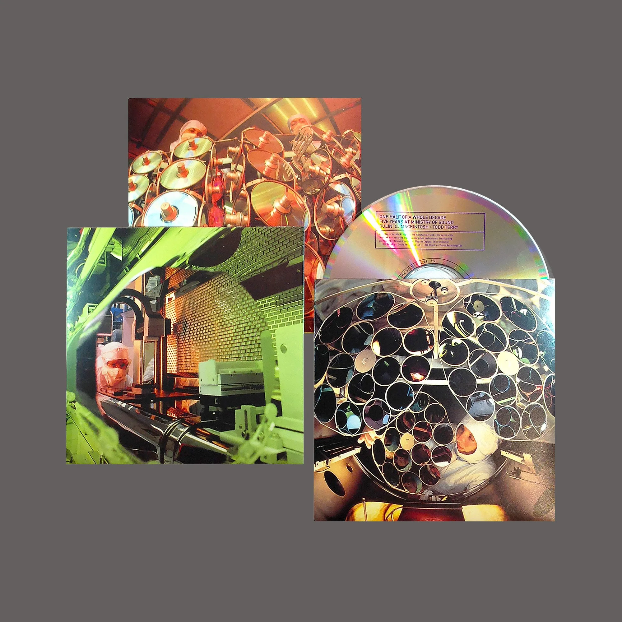 Collection of three album covers, one with a display of drums, one with a greenish interior scene with machinery, and one with a close-up of a multi-tube rocket or missile layout.
