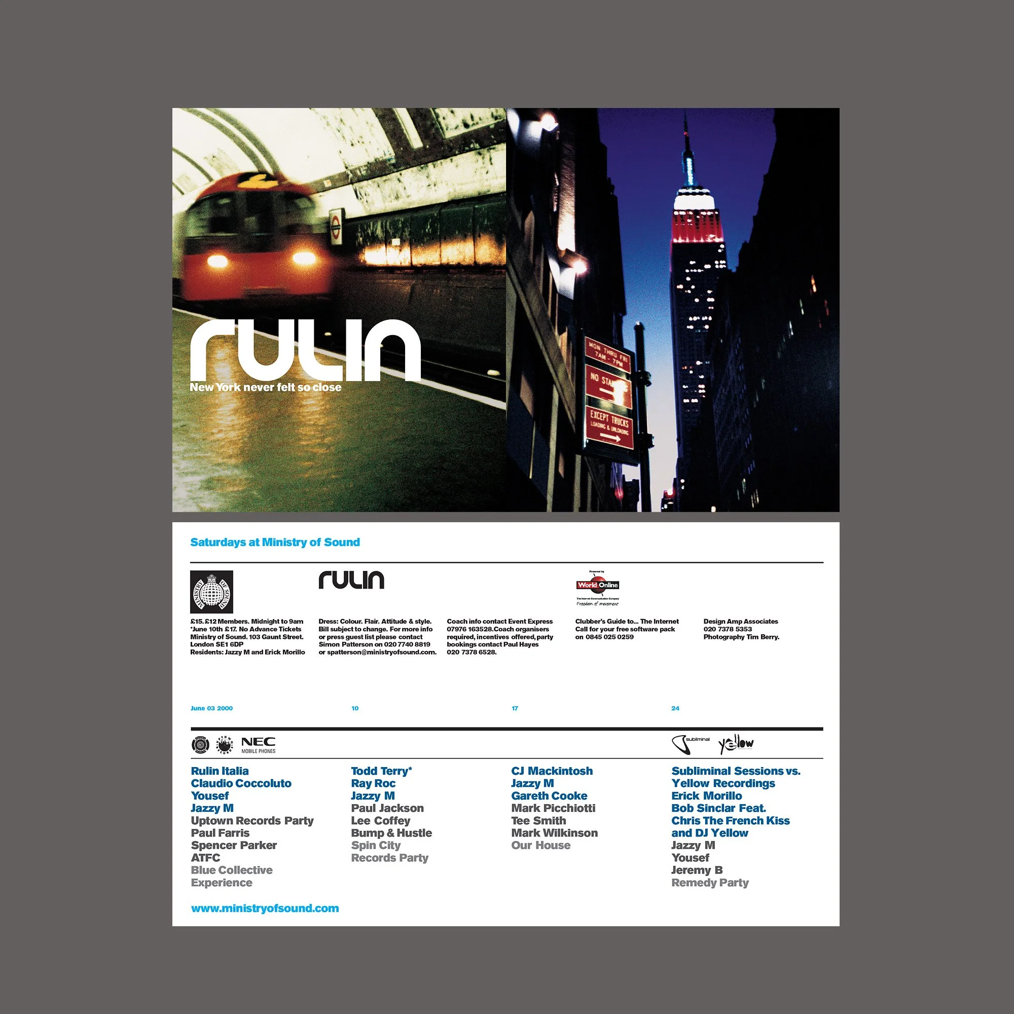 A promotional flyer for Rulin, featuring a blurred red train in a subway tunnel on the left and a tall, illuminated building on a city street at night on the right. Text includes "New York never felt so close" and details about events and music sessions.