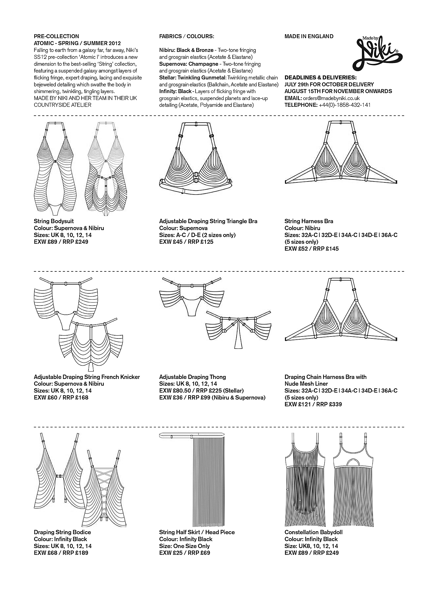 Black and white line drawings of various lingerie items, including strings, bras, and skirts, with descriptions and prices.