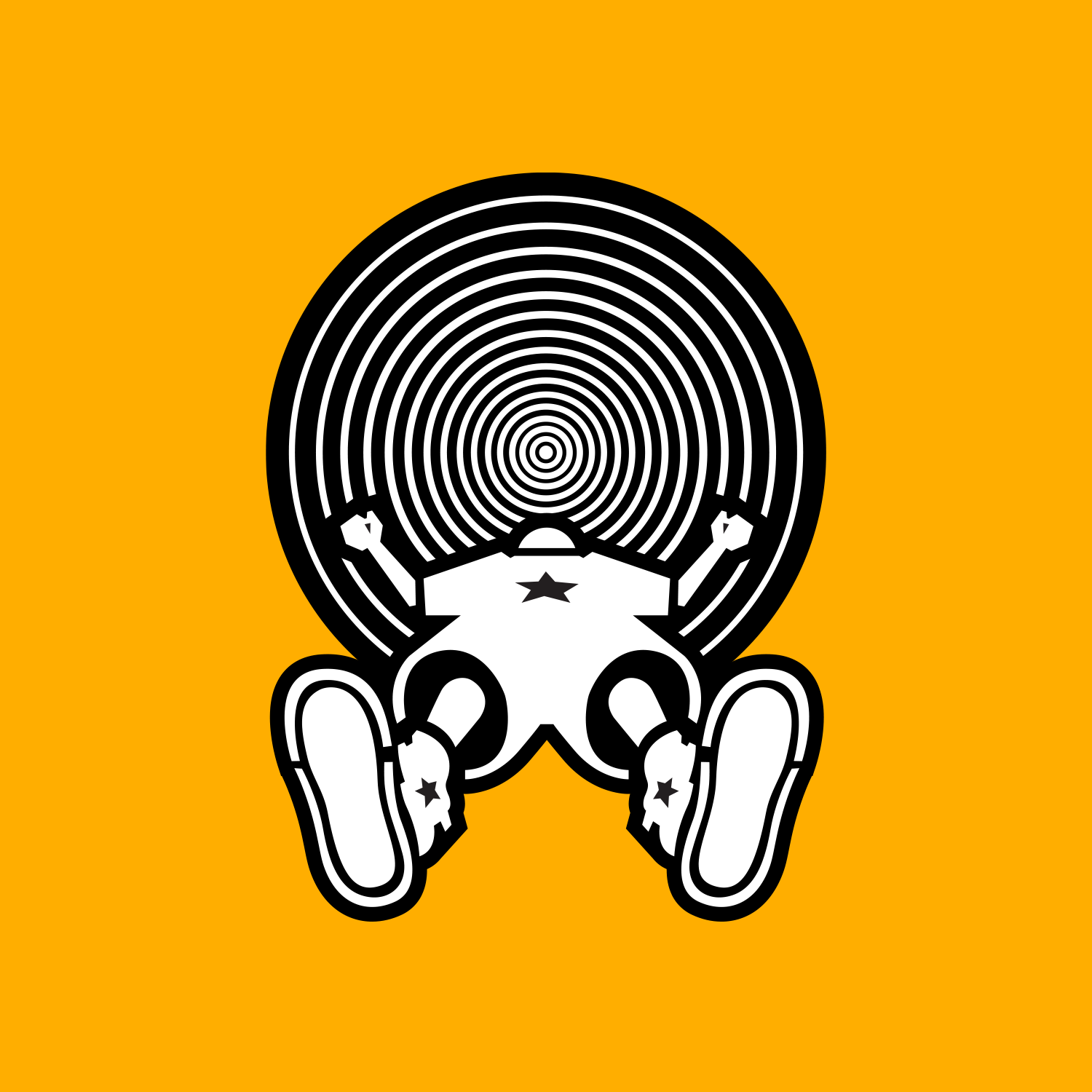 A cartoon-style illustration of a character lying on their back with legs bent, holding a circular object from which concentric rings radiate. The character has a star on their chest and stars on their shoes.