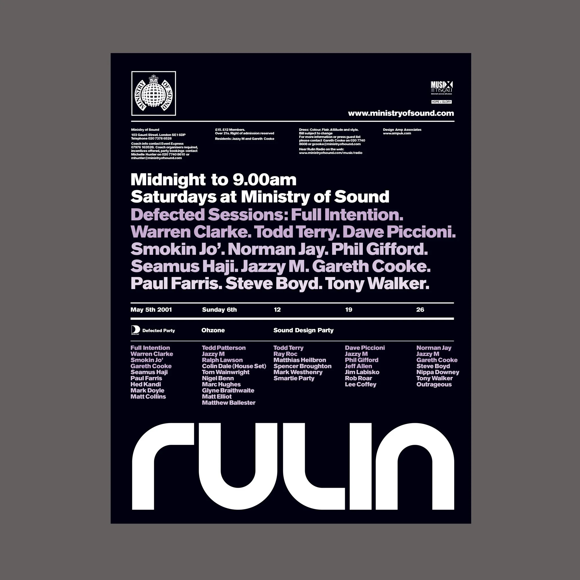 Event poster for Ministry of Sound featuring DJ lineup and schedule from May 5th to May 6th, 2001, with details about defunct party themes and sound design parties.